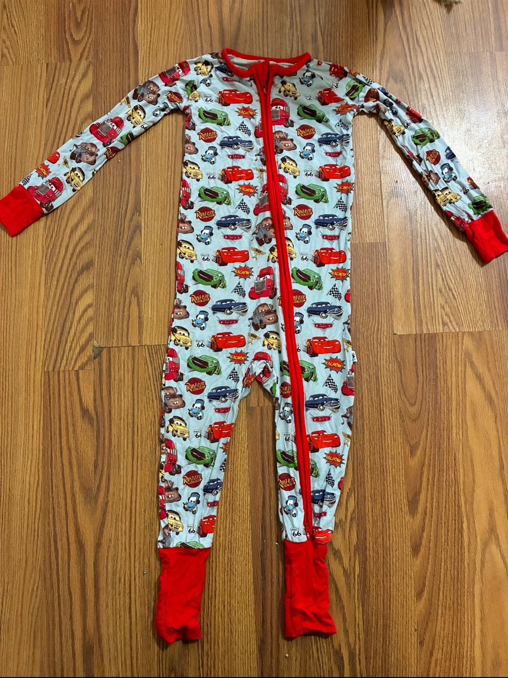 Kids Cars Print Footed Pajama Set with Red Trim